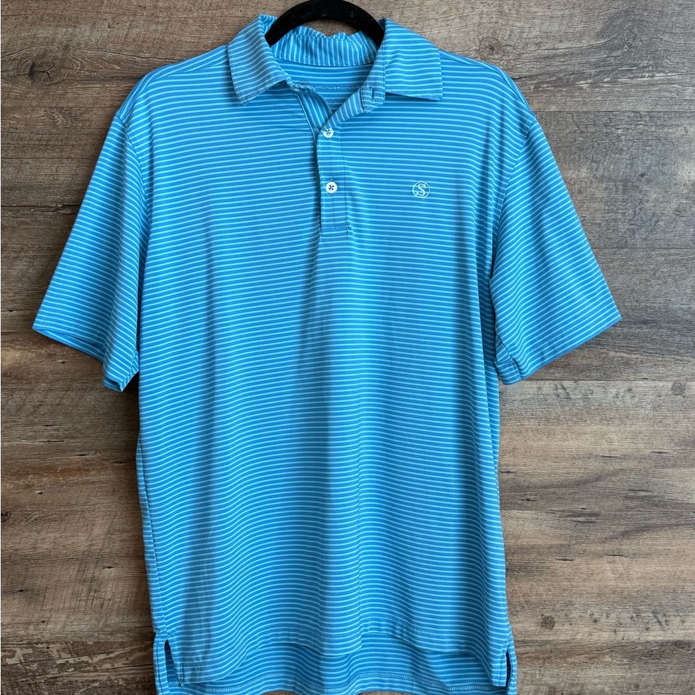 Southern Compass Blue Striped Performance Polo – Size S (Made in Peru)